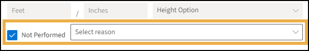 Vitals window with a yellow highlight box around a checked Not Performed section option and a Select reason drop down menu.